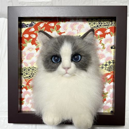 羊毛フェルト猫 ラグドール猫 フレーム猫 羊毛フェルト額縁猫 羊毛