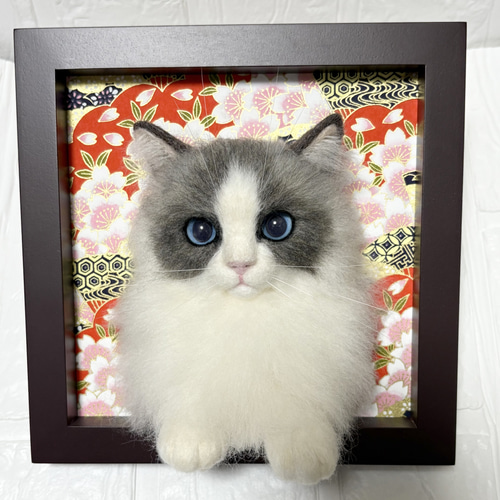 羊毛フェルト猫 ラグドール猫 フレーム猫 羊毛フェルト額縁猫 羊毛