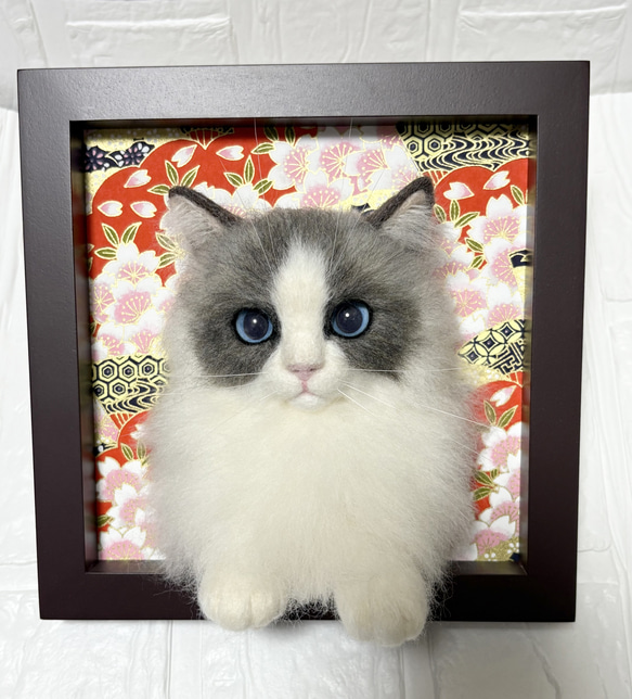 羊毛フェルト猫 ラグドール猫 フレーム猫 羊毛フェルト額縁猫 羊毛