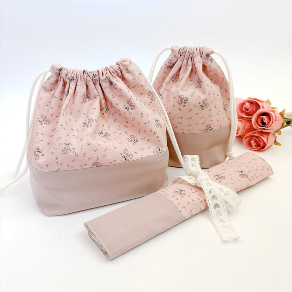 お弁当3点セット【French Flower ♡︎ pink】ランチョンマット&お弁当