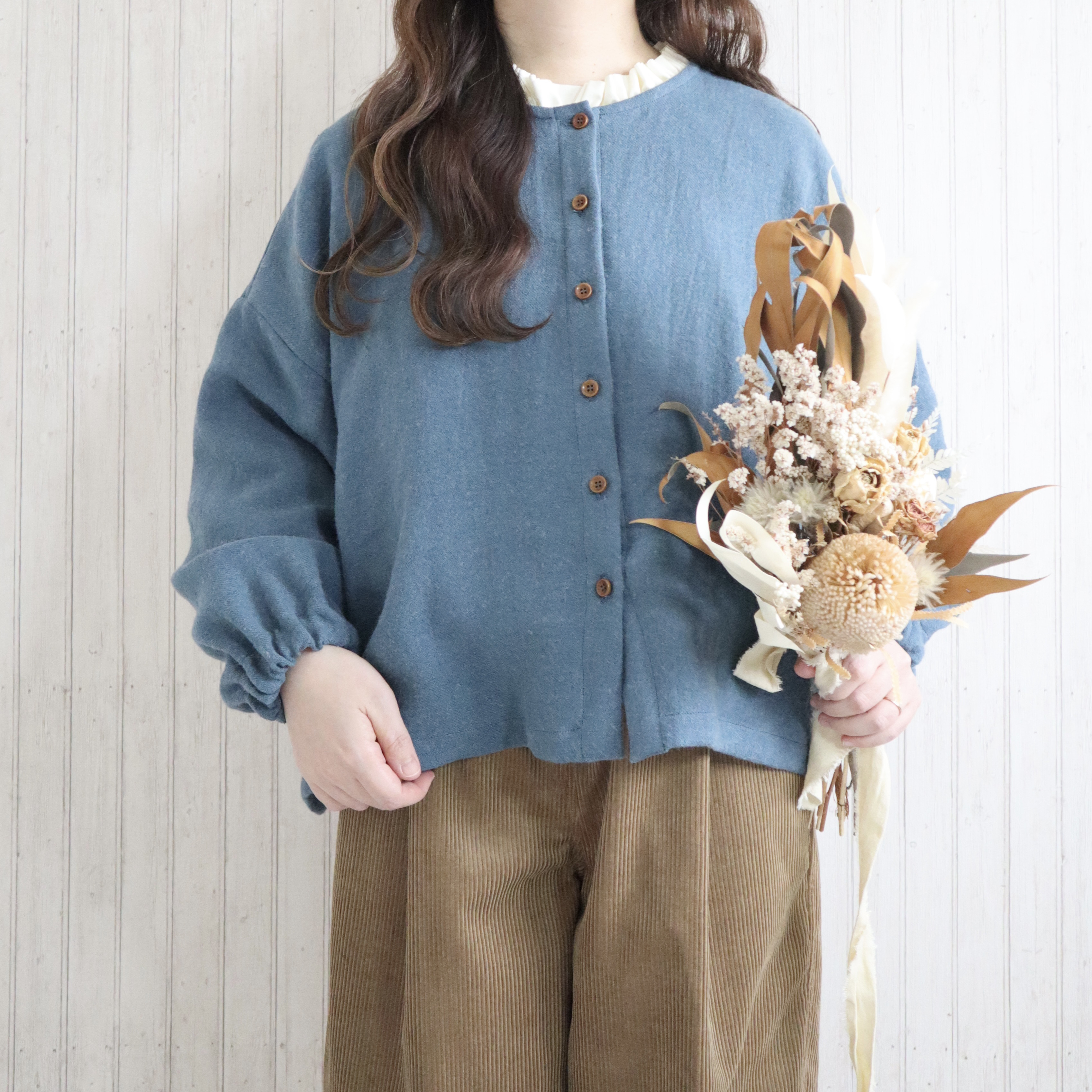 【受注製作】カンパーニュブラウス(ターコイズ)｜低身長さんのためのナチュラル服ELLIE(エリー)