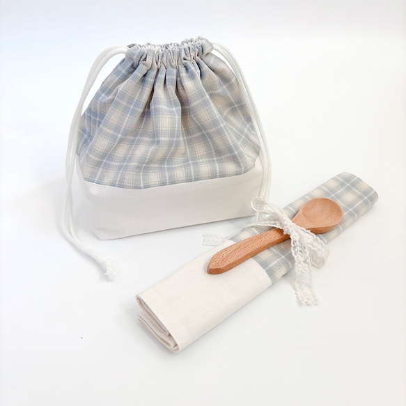 お弁当2点セット【natulal blue check】ランチョンマット&お弁当袋