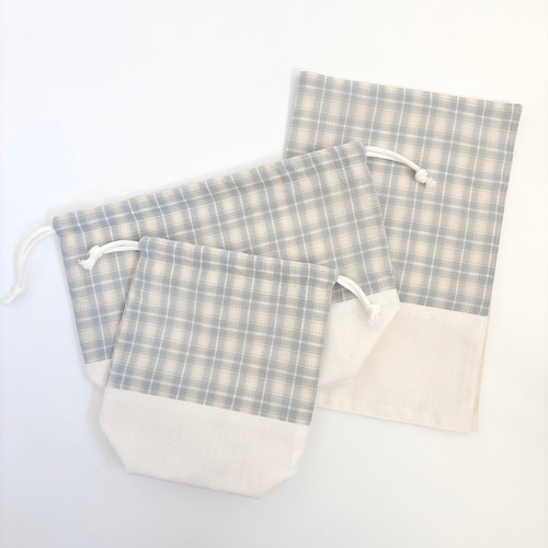 お弁当3点セット【natulal blue check】ランチョンマット&お弁当袋