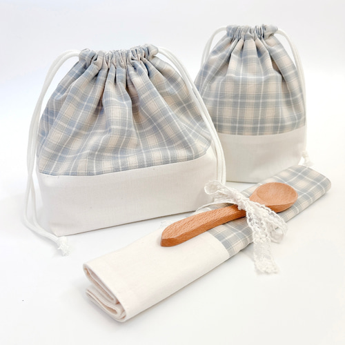 お弁当3点セット【natulal blue check】ランチョンマット&お弁当袋