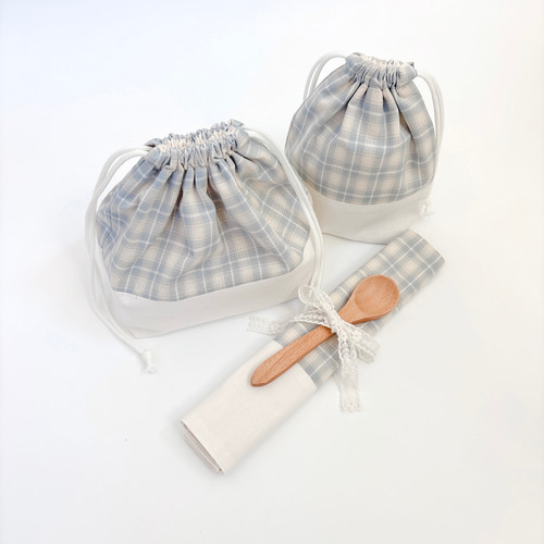 ランチョンマット♡コップ袋♡お弁当袋♡レッスンバッグ♡ハンドメイド お弁当3点セット【natulal blue check】ランチョンマット&お弁当袋