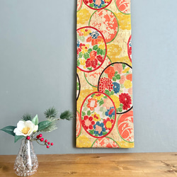 帯のタペストリー アンティーク 松と菊の扇 着物リメイク インテリア