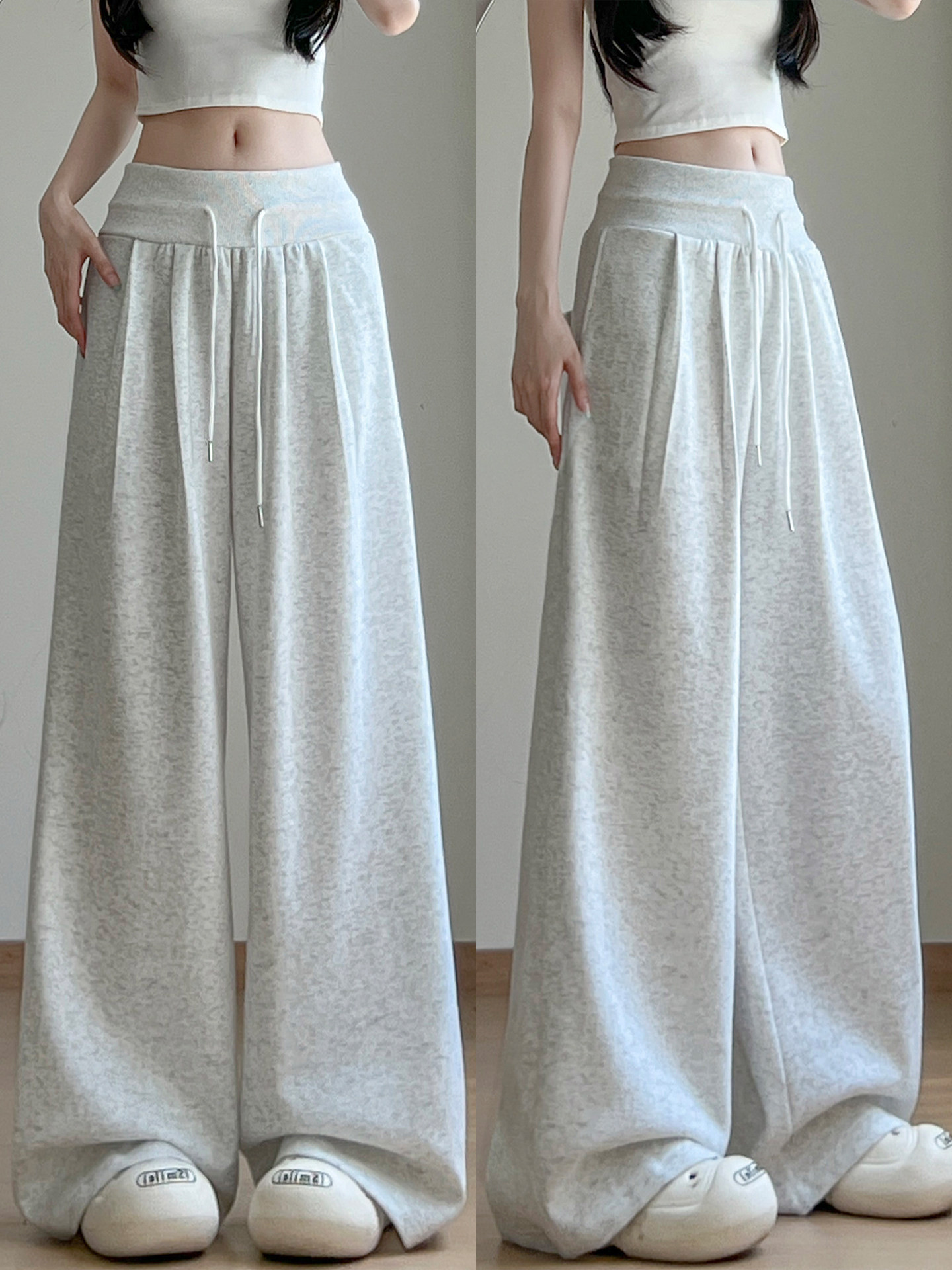 白グレーのアメリカンパンツレディース秋2026新型小柄ゆったりストレートウエストダウン感ワイドパンツ