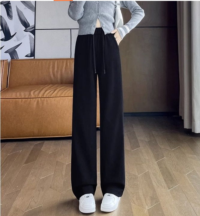 シニールブラックワイドパンツレディース秋冬2026新型小柄ハイウエストドレープ感狭版ストレートカジュアルパンツ