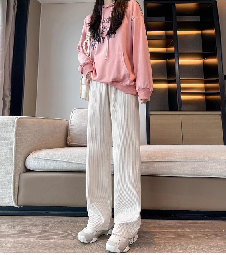 白シニールワイドパンツレディース秋冬2026新小柄ゆったりストレートbfけだるい風ギャザーパンツ