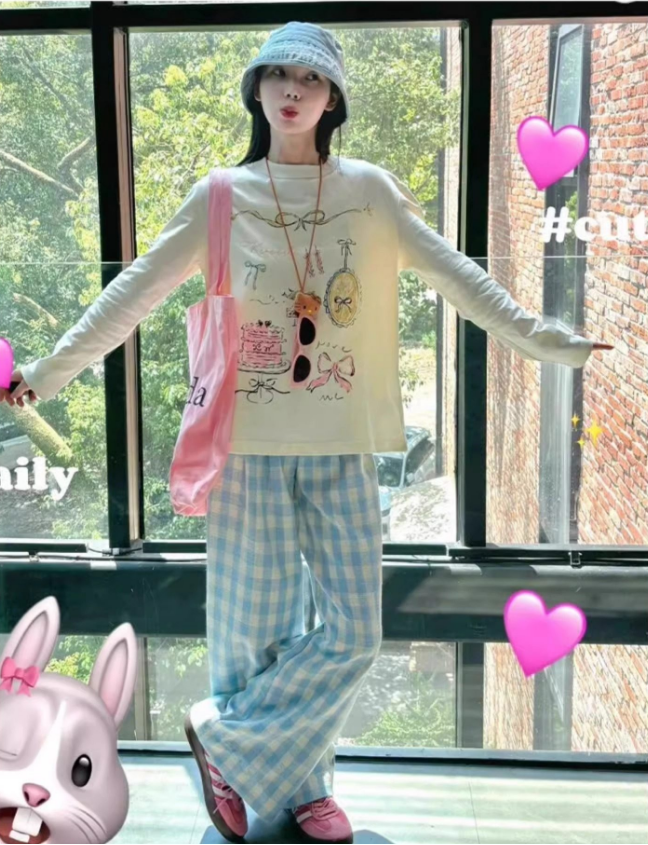 ドーパミンブルーのチェックパンツレディース春秋2025新小柄ゆったりストレートのワイドパンツ