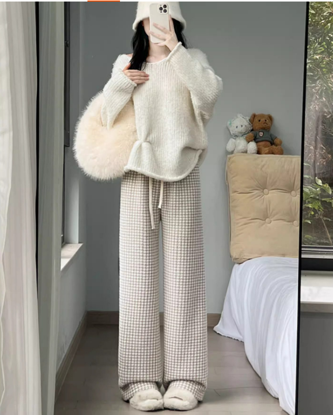 子羊の綿毛千鳥格子ワイドパンツ女性秋冬2026新型小柄なガウチョゆったりとした気だるいストレートの格子パンツ