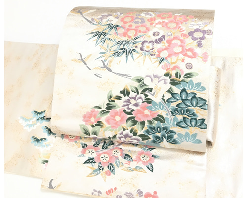 未使用 正絹 楽帯 袋帯 シルバー 華模様 二部式 二重太鼓 作り帯 和装