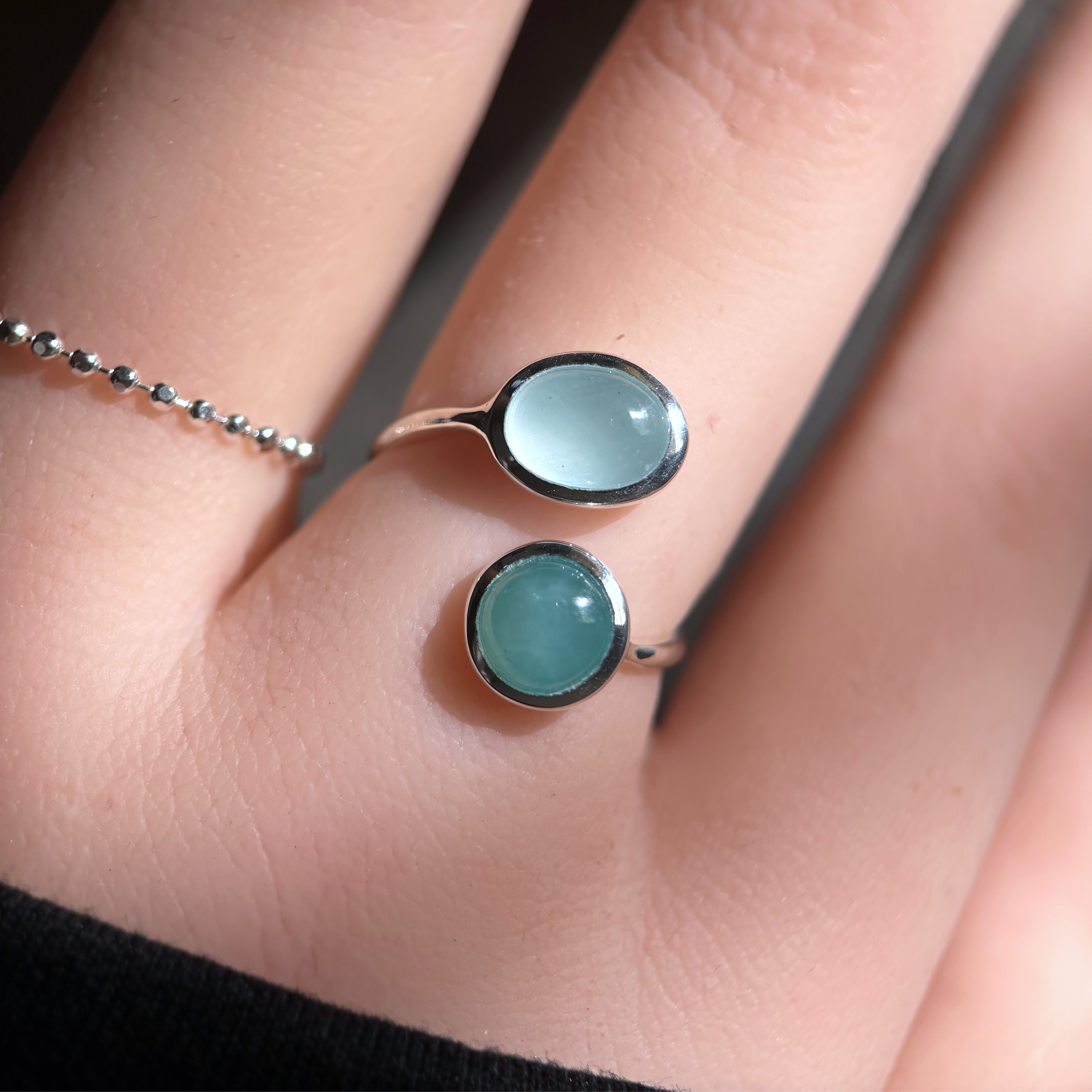 【silver950】グランディディエライト×ミルキーアクアマリンのフォークリング