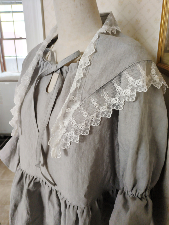 ベルギーリネン(麻)♡バラのチュールレース付き三角クロス スカーフ