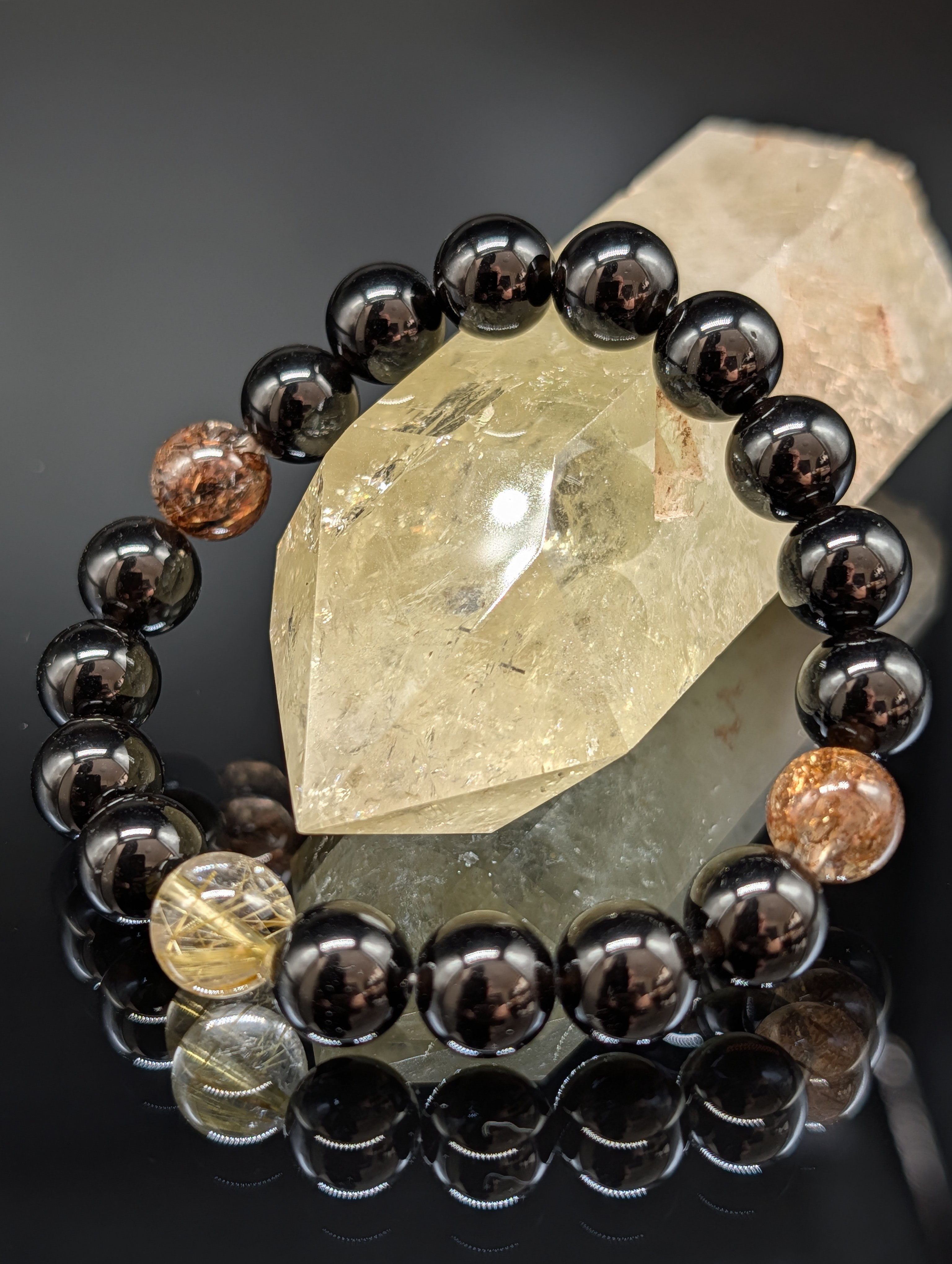 【金銭運・願望実現・お守り】ゴールドルチルクォーツ ブラウンルチル モリオン 10mm 2天 ブレスレット