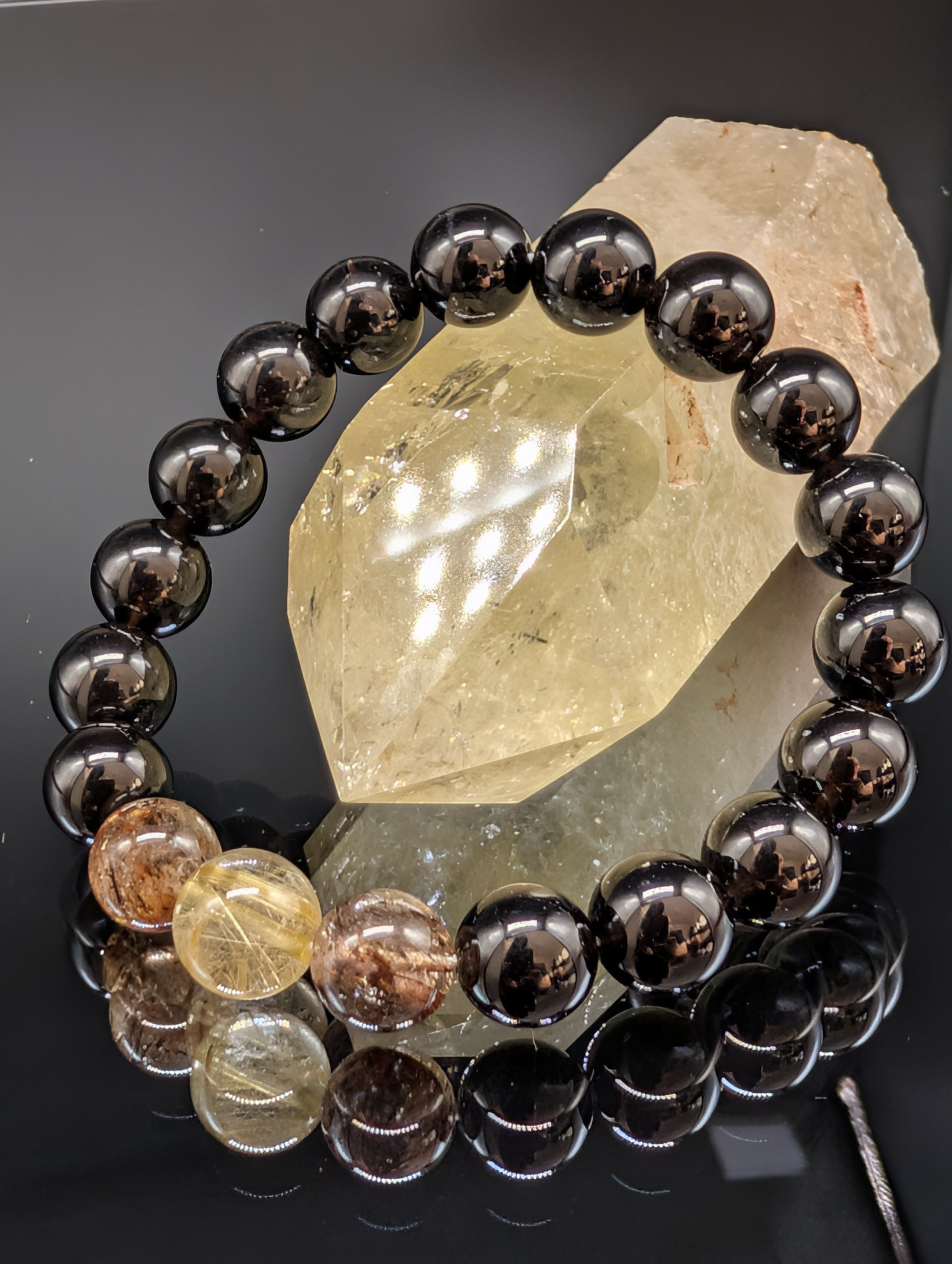 【金銭運・願望実現・お守り】ゴールドルチルクォーツ ブラウンルチル モリオン 10mm 3連 ブレスレット