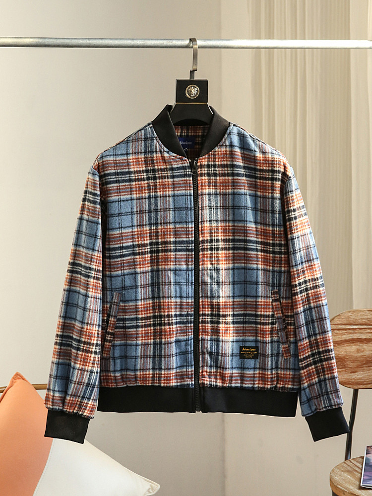春と秋の新作アメリカンレトロカーキ青年野球襟おしゃれカジュアルチェックツイードジャケットジャケットラッシュ
