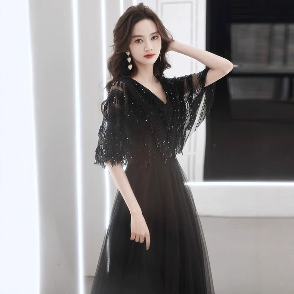 高級感 パーティードレス 黒 Vネッ シンプル 韓国風 高級感 誕生日 披露宴 前撮り 二次会 お呼ばれ AK676