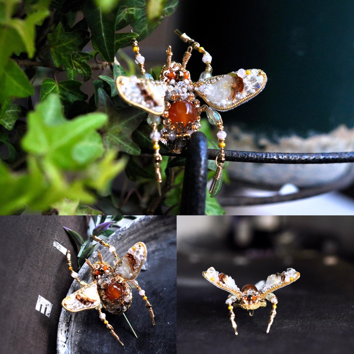 生と再生の象徴カーネリアンのミツバチブローチ