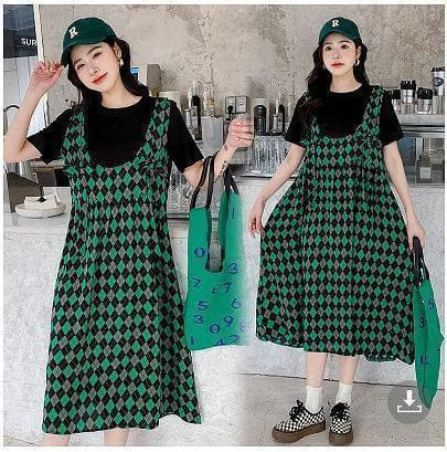 大きいサイズ レディース ワンピース　グリーン　重ね着風　春夏 秋 新品 半袖 5,023円