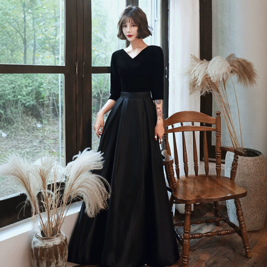 高級感 パーティードレス 黒 Vネック 五分袖 シンプル 韓国風 誕生日 披露宴 前撮り 二次会 お呼ばれ AK681