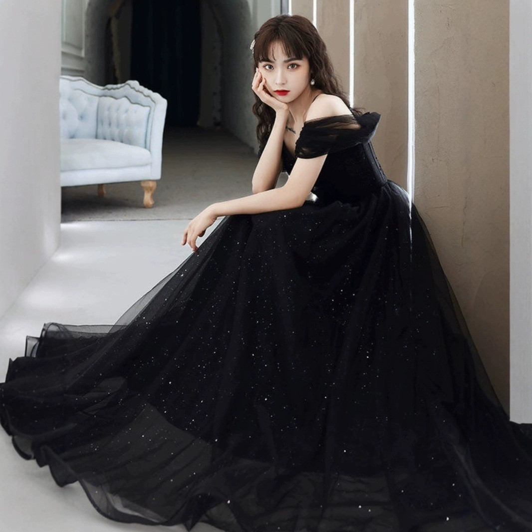高級感 パーティードレス 黒 オフショルダー シンプル 韓国風 誕生日 披露宴 前撮り 二次会 お呼ばれ AK686