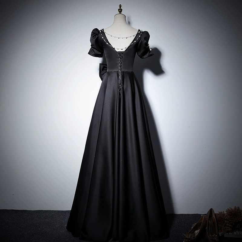 高級感 パーティードレス 黒 リボン パフスリーブ シンプル 誕生日 披露宴 前撮り 二次会 お呼ばれ AK691