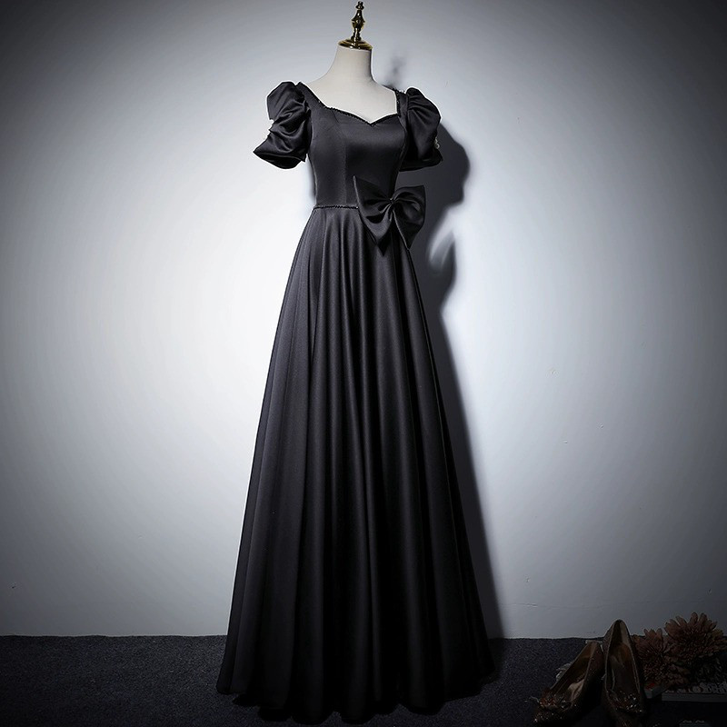 高級感 パーティードレス 黒 リボン パフスリーブ シンプル 誕生日 披露宴 前撮り 二次会 お呼ばれ AK691