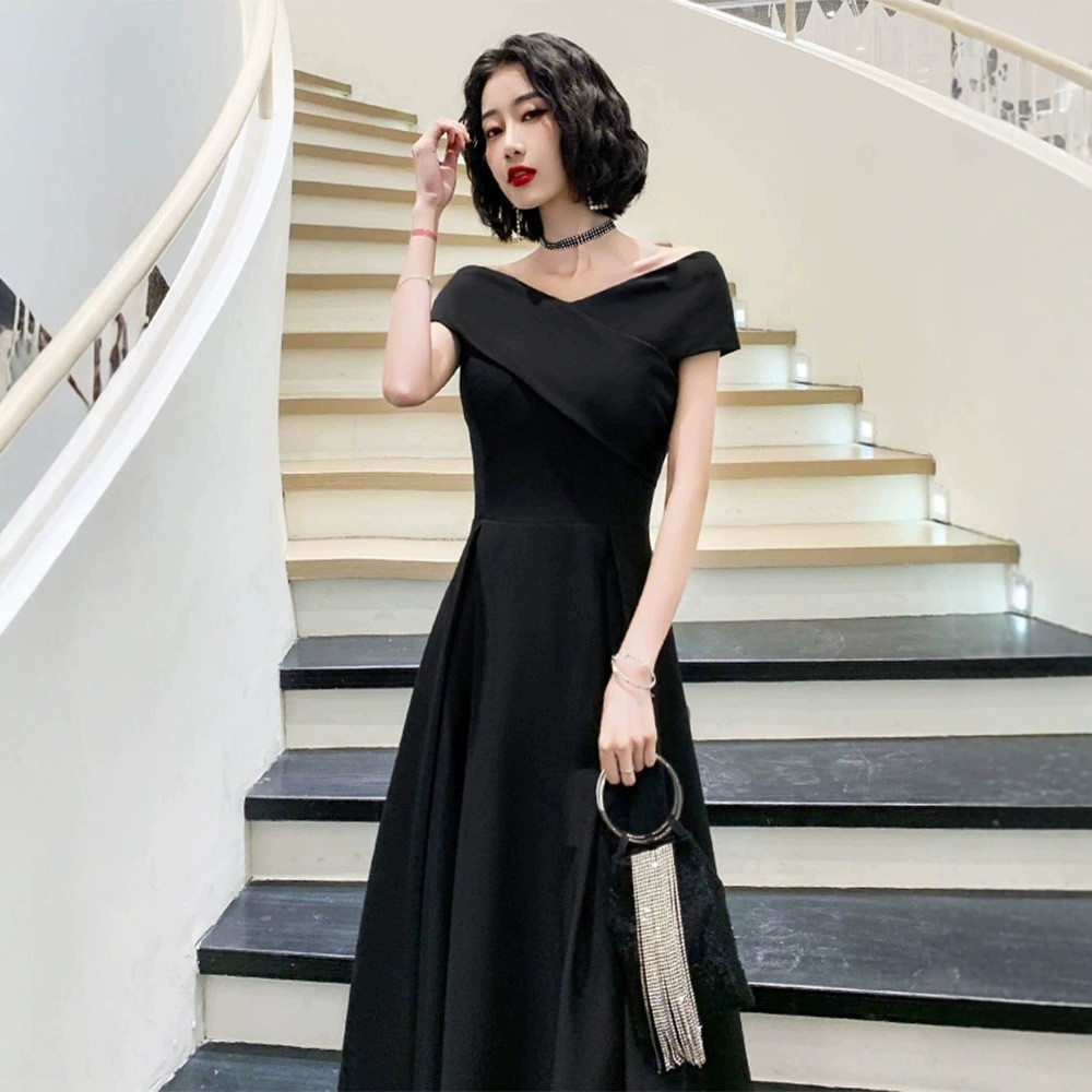 高級感 パーティードレス 黒 オフショルダー シンプル 韓国風 誕生日 披露宴 前撮り 二次会 お呼ばれ AK693