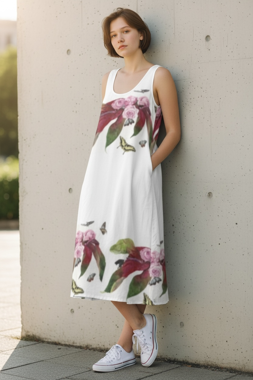 XXS～XL　花とゆめノースリーブミディドレス