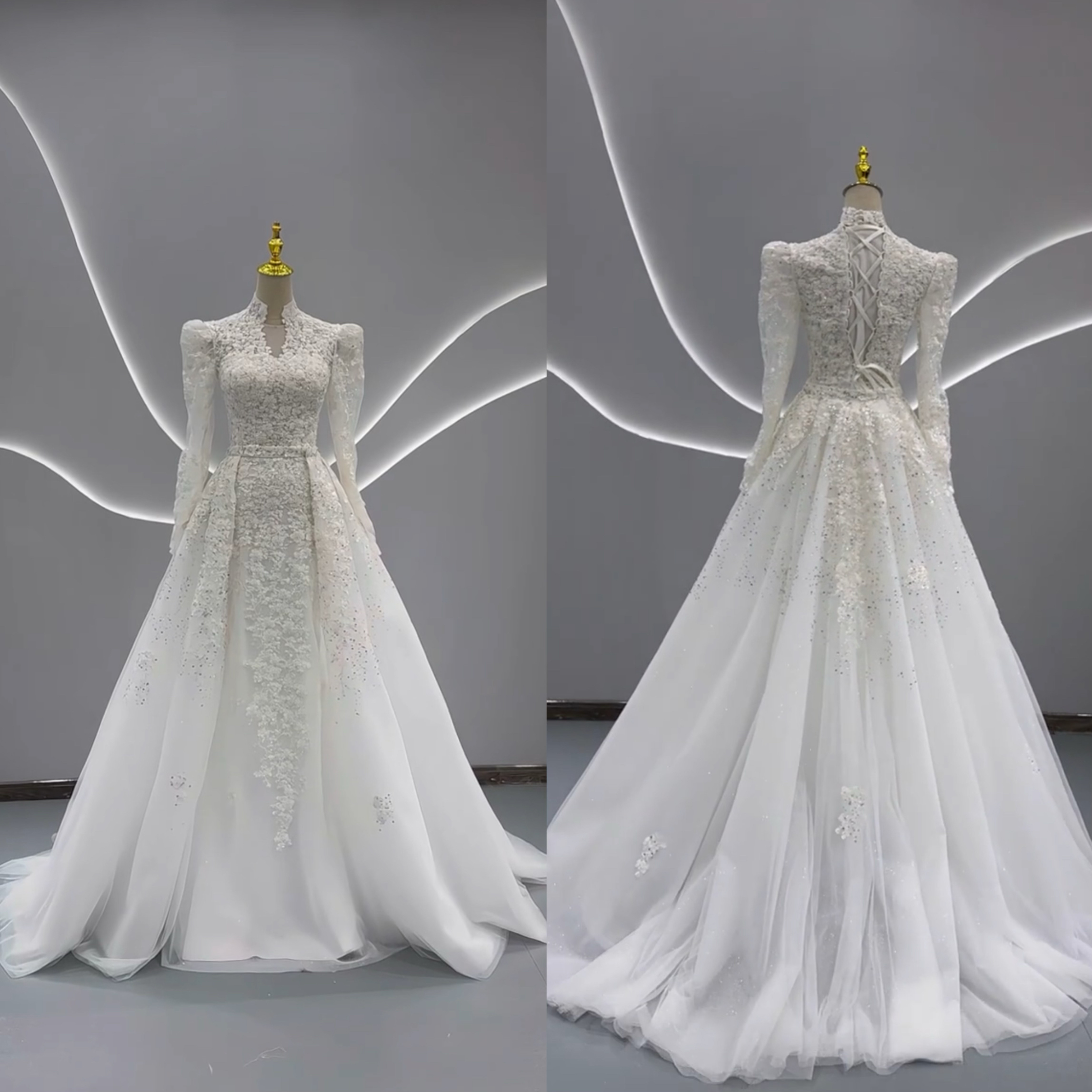 取り外し可能オーバースカート　ホワイト　繊細な小花レース　2次会長袖　刺繍　Aライン　タイトスカート　上品　チュール挙式