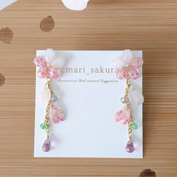 桜恋】パープル 紫 ドライフラワー かすみ草 桜 レジンピアス