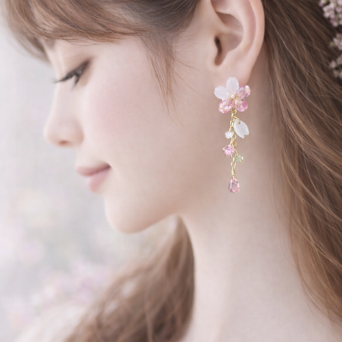桜恋】ピンク ドライフラワー かすみ草 桜 レジンピアス／イヤリング
