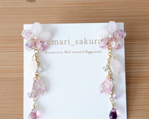 桜恋】パープル 紫 ドライフラワー かすみ草 桜 レジンピアス