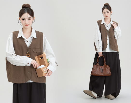 白のドローコードでゆったりとしたデザイン感長袖シャツレディース秋の新作重ね着日系レトロVネックベスト