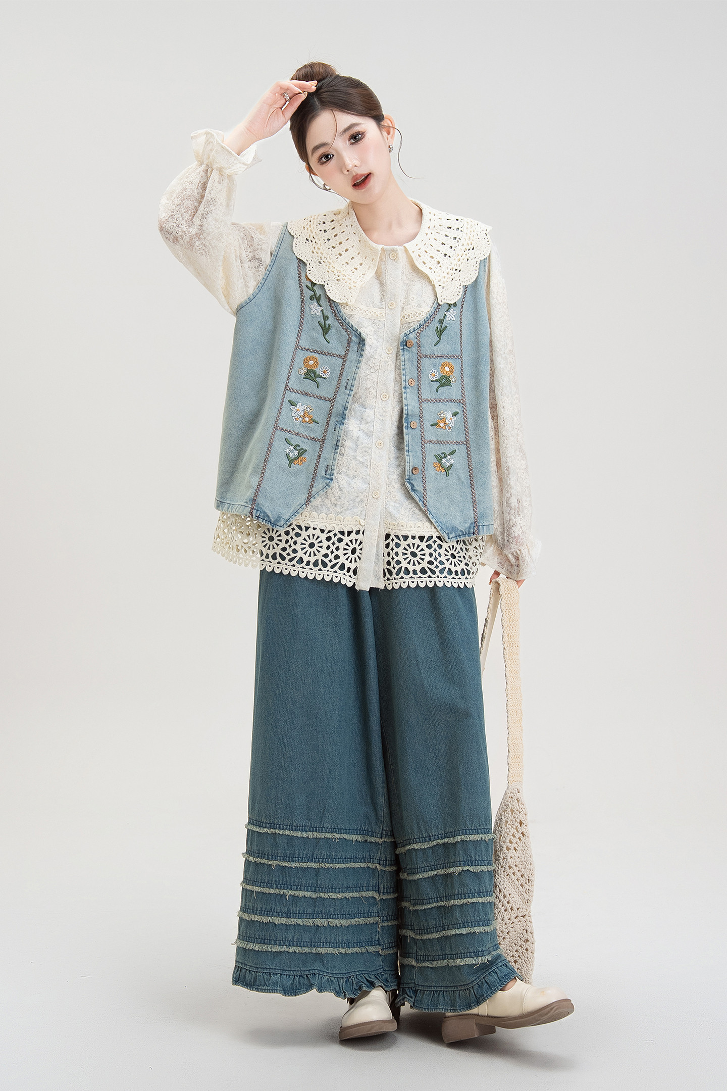 カラードールネック透かしレースシャツレディース早秋新作