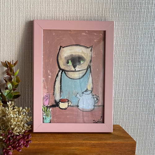 絵画。原画手描【シャム猫たちはデート記念日のためにさくらんぼケーキを用意した】 絵画。原画手描【シャム猫たちはデート記念日のためにさくらんぼケーキ