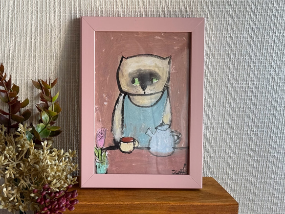 絵画。原画【シャム猫はカフェラテが好きだ】 絵画 アカザ麦 通販