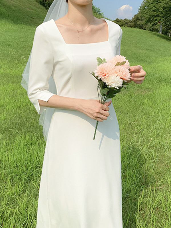 高級感 白 黒 七分袖 サテン ウェディングドレス シンプル 韓国風 花嫁 披露宴 演奏会 前撮り HL1064