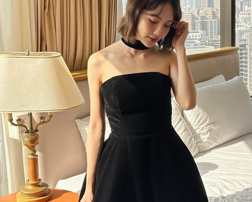 高級感 黒 ベロア オフショルダー パーティードレス シンプル 韓国風