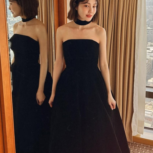 高級感 黒 ベロア オフショルダー パーティードレス シンプル 韓国風