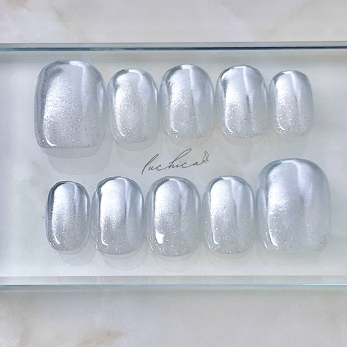 メタリックブルーシルバー ネイルチップ マグネットネイル メタリック