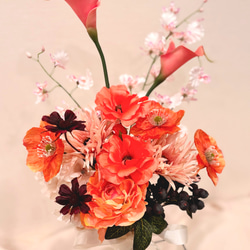 オレンジ　ウェディングブーケ　アーティフィシャルフラワー　造花　胡蝶蘭　リボン Orangeカラー＆胡蝶蘭の赤い実ブーケ ◻︎アーティフィシャルフラワー