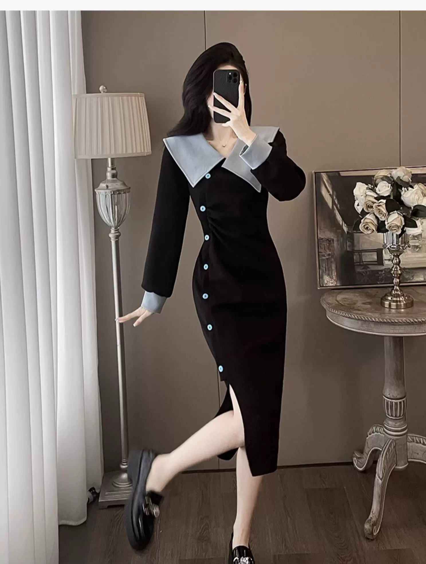 カーディガン トレーナー コート ジャケット 裏起毛 秋冬黒ふわふわ裏起毛ニットフード付きロングコート 受注制作 通勤