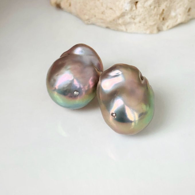 【15%OFF】希少　無穴　グレーバロックパールピアス　イヤリング　クリスタル付きオイスターパール