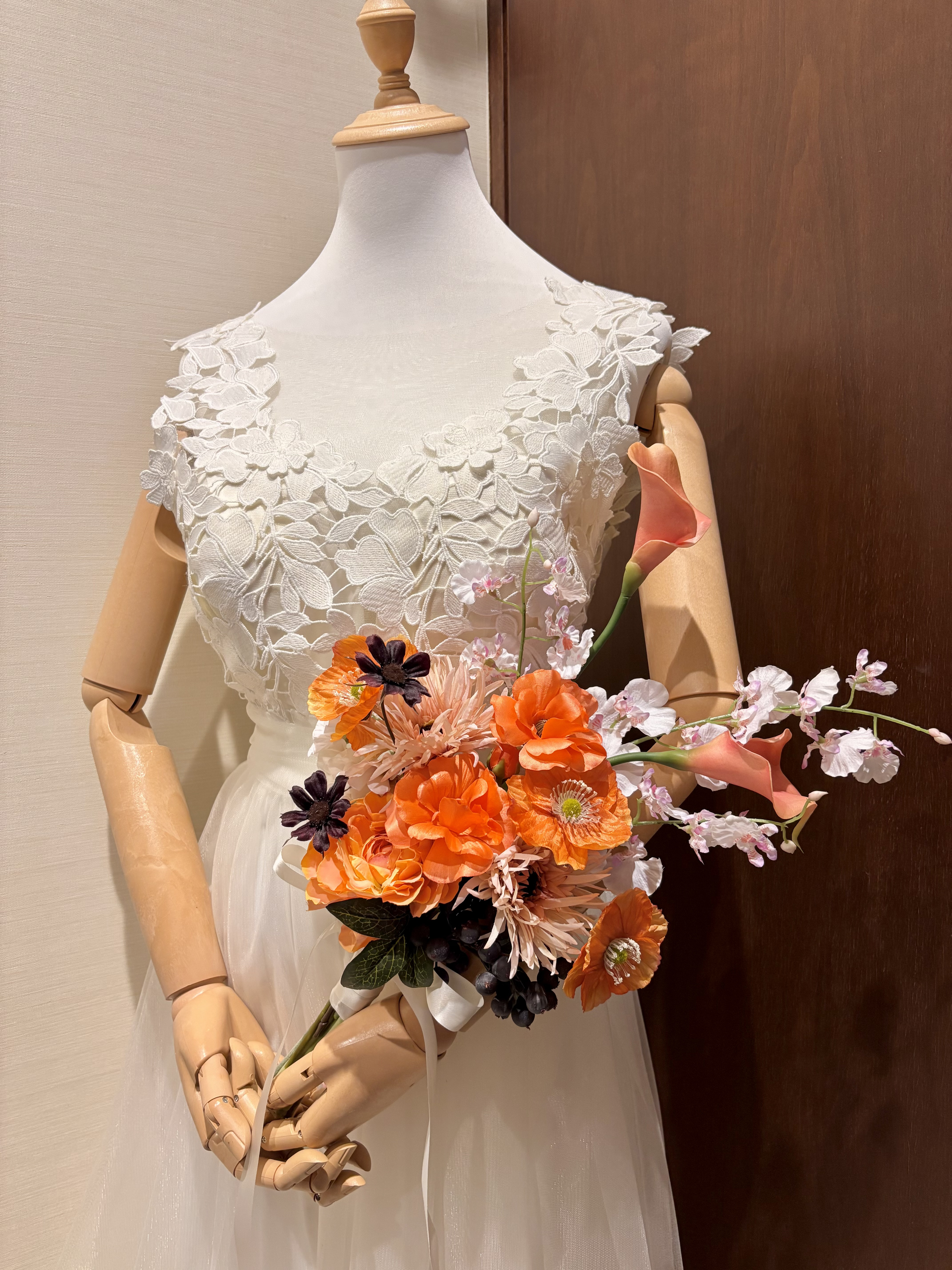 【現品限り】アーティフィシャル ブーケ 造花 結婚式 ブライダルブーケ ウエディングブーケ 前撮り ポピー 胡蝶蘭