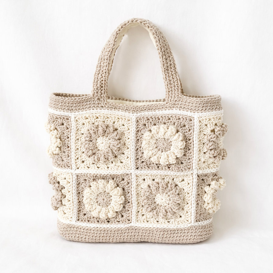 お花モチーフのミニトートバッグ(グレージュ×アイボリー)｜綿100% ｜内布付き｜編み物｜普段使い・お出かけ