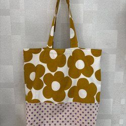 ハンドメイド 便利なお散歩トートバック ハイビスカスの花 デニム風