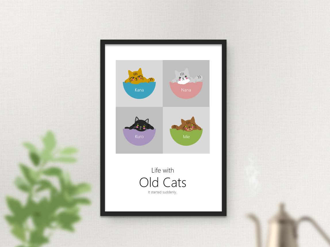 アートポスター　A2　フレーム付　OldCats　可愛い　猫　イラスト　シンプルモダン　ナチュラルインテリア
