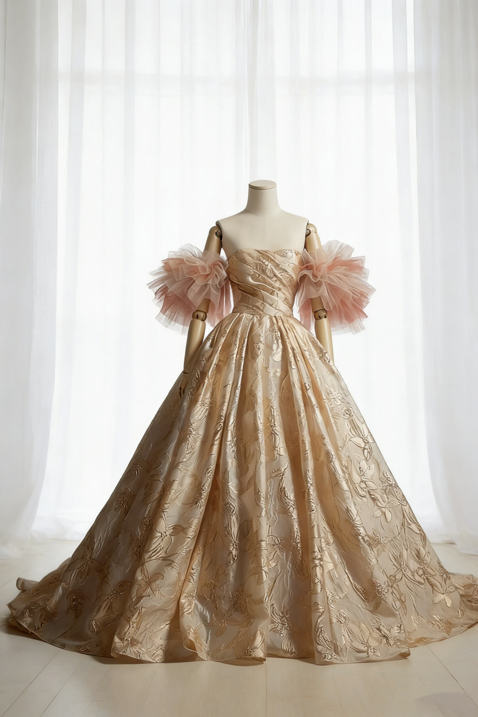 送料無料！カラードレス ジャガード生地 フリル袖 ゴールド 抜群におしゃれ度が際立つ  前撮り 花嫁/ウェディングドレス